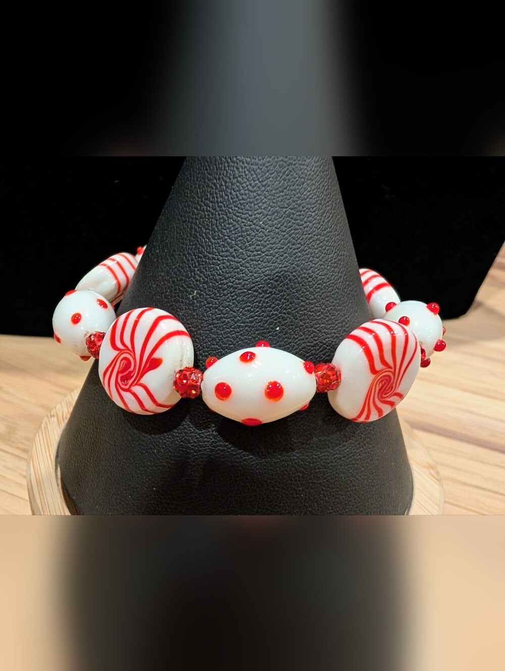 White and Red Glass Peppermint Candy Bead Stretch Bracelet - Women Jewelry